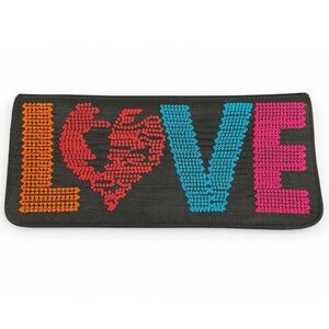 Sheri Leah Black Silk "LOVE" Heart Embroidered Flap Clutch